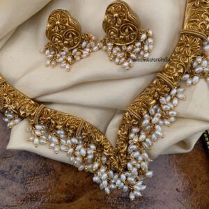 Premium Sweetheart rice pearls hasli set I Antique polish | Unique | Indian jewellery
