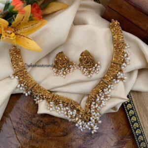 Premium Sweetheart rice pearls hasli set I Antique polish | Unique | Indian jewellery