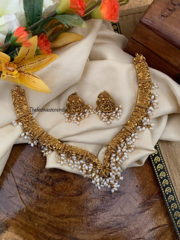 Premium Sweetheart rice pearls hasli set I Antique polish | Unique | Indian jewellery