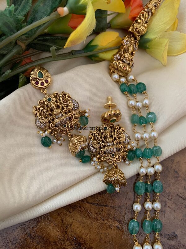Lakshmi Nakshi green beads mid length haaram set