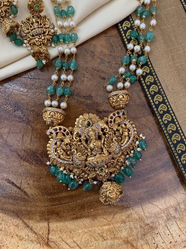 Lakshmi Nakshi green beads mid length haaram set