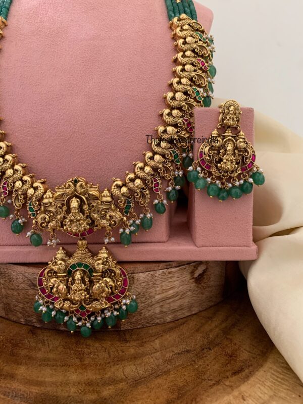 Grand Lakshmi Haaram Set with Green Beads | Traditional Temple Jewelry for Brides