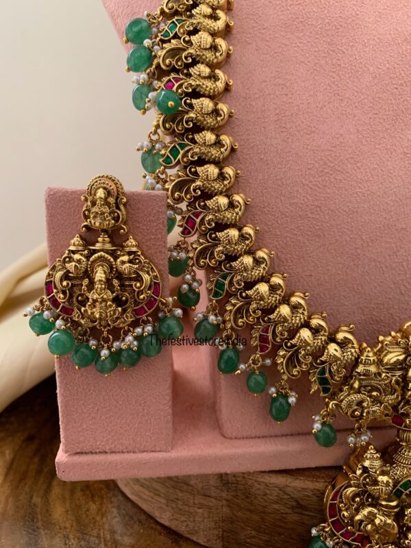 Grand Lakshmi Haaram Set with Green Beads | Traditional Temple Jewelry for Brides