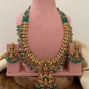 Grand Lakshmi Haaram Set with Green Beads | Traditional Temple Jewelry for Brides