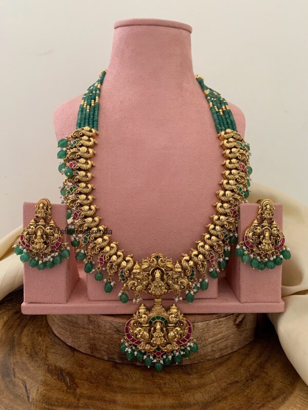 Grand Lakshmi Haaram Set with Green Beads | Traditional Temple Jewelry for Brides