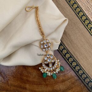 Kundan green drops maangtikka