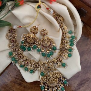 Bridal Lakshmi green beads necklace set
