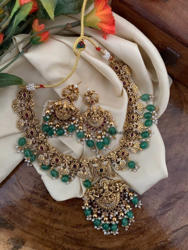 Bridal Lakshmi green beads necklace set