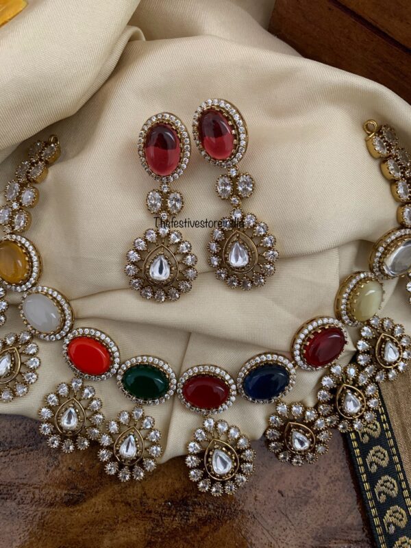 Bridal Moissanite stone & Victorian polish multi colour drop set | Necklace | Wedding