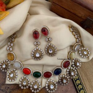 Bridal Moissanite stone & Victorian polish multi colour drop set | Necklace | Wedding