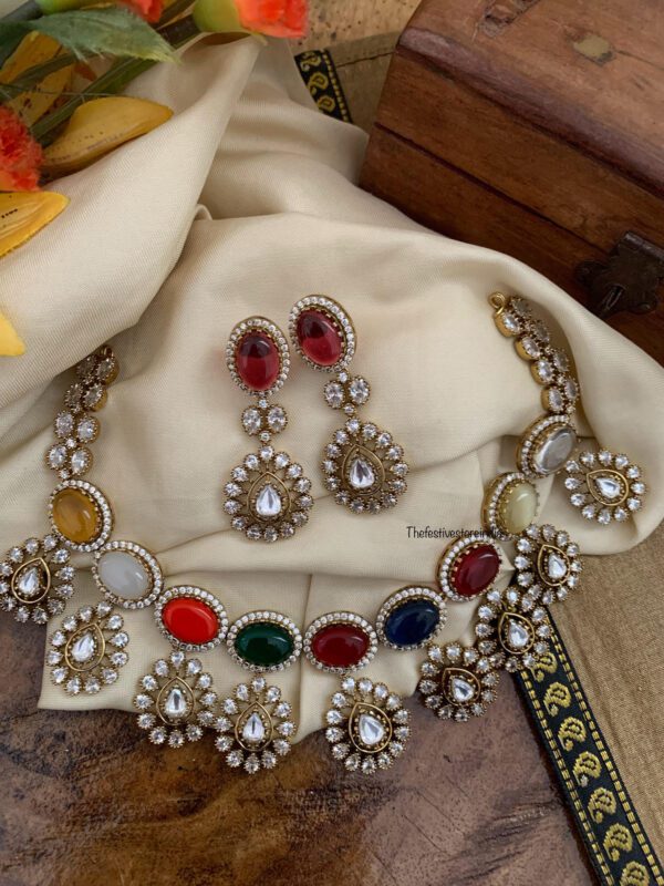 Bridal Moissanite stone & Victorian polish multi colour drop set | Necklace | Wedding