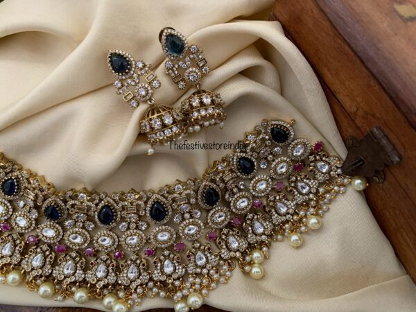 Bridal Kundan white blue ruby stone choker set