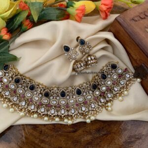 Bridal Kundan white blue ruby stone choker set
