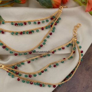 Micro gold green and ruby drops ear chain | Maati