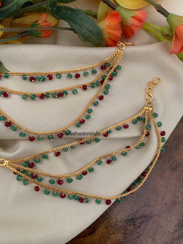 Micro gold green and ruby drops ear chain | Maati