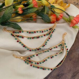 Micro gold green and ruby drops ear chain | Maati