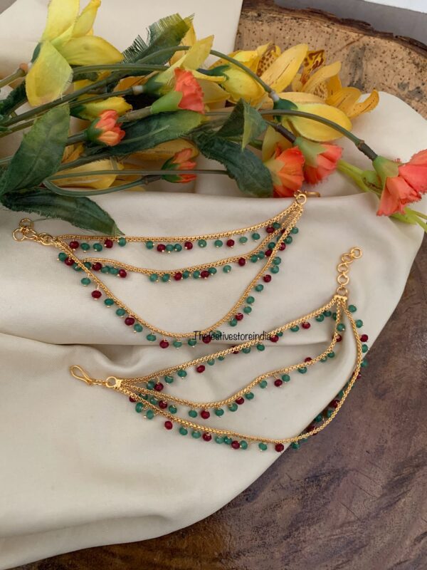 Micro gold green and ruby drops ear chain | Maati