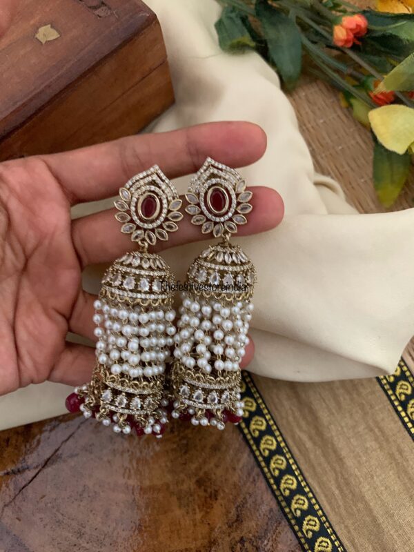 8 cms AD cluster pearls Bridal jhumkas - Ruby