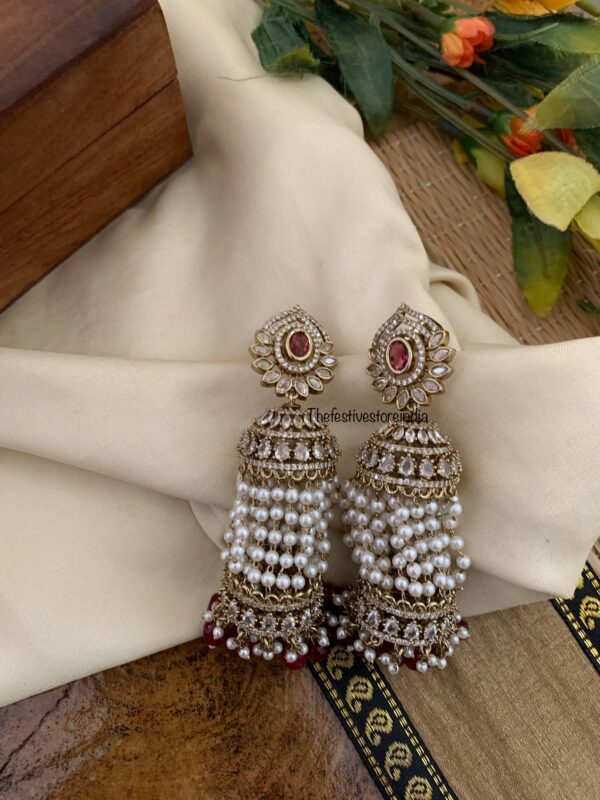 8 cms AD cluster pearls Bridal jhumkas - Ruby