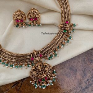 Bridal Lakshmi green drops attigai necklace set