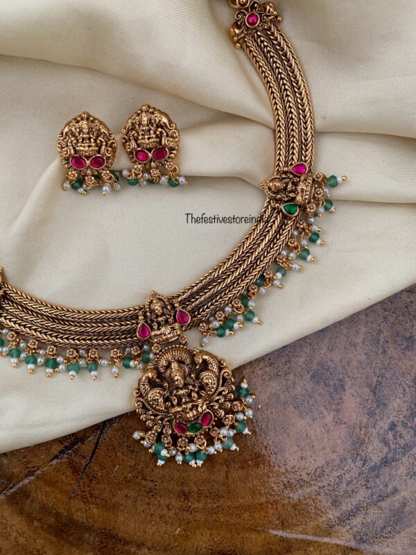 Bridal Lakshmi green drops attigai necklace set