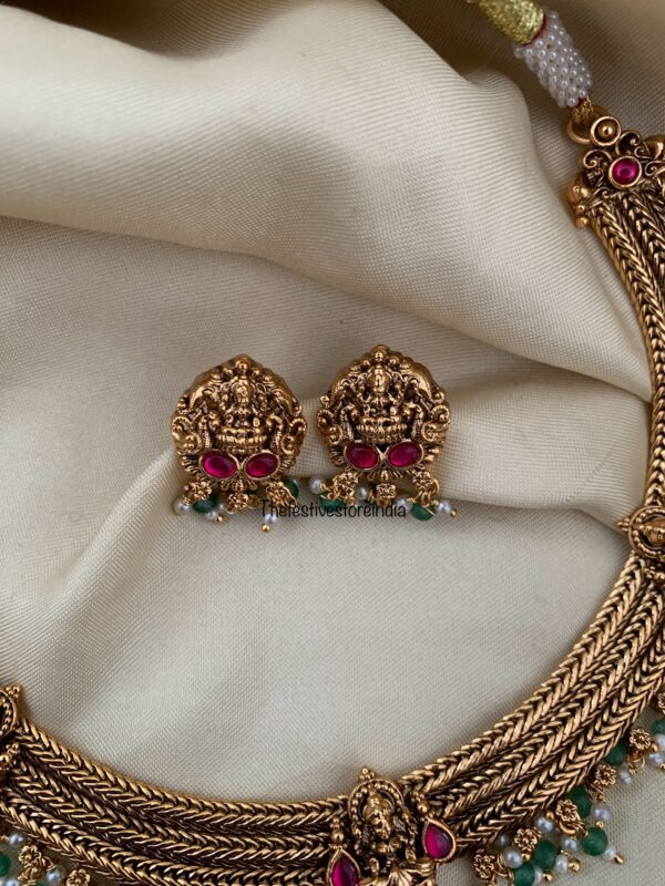 Bridal Lakshmi green drops attigai necklace set