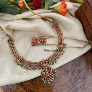 Bridal Lakshmi green drops attigai necklace set