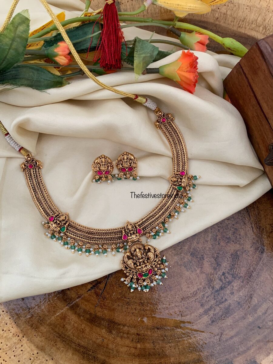 Bridal Lakshmi green drops attigai necklace set – The Festive Store