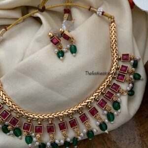 Budgeted drop blocks necklace set | Kemp | Green beads