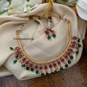 Budgeted drop blocks necklace set | Kemp | Green beads