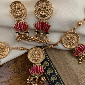 Fusion Lakshmi Coin enamel lotus necklace set