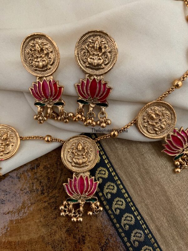 Fusion Lakshmi Coin enamel lotus necklace set