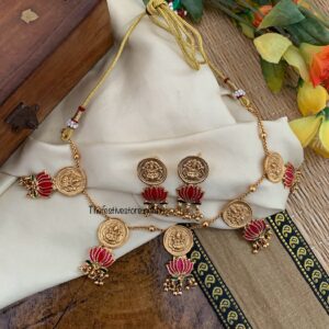 Fusion Lakshmi Coin enamel lotus necklace set