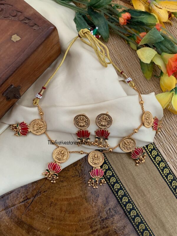 Fusion Lakshmi Coin enamel lotus necklace set