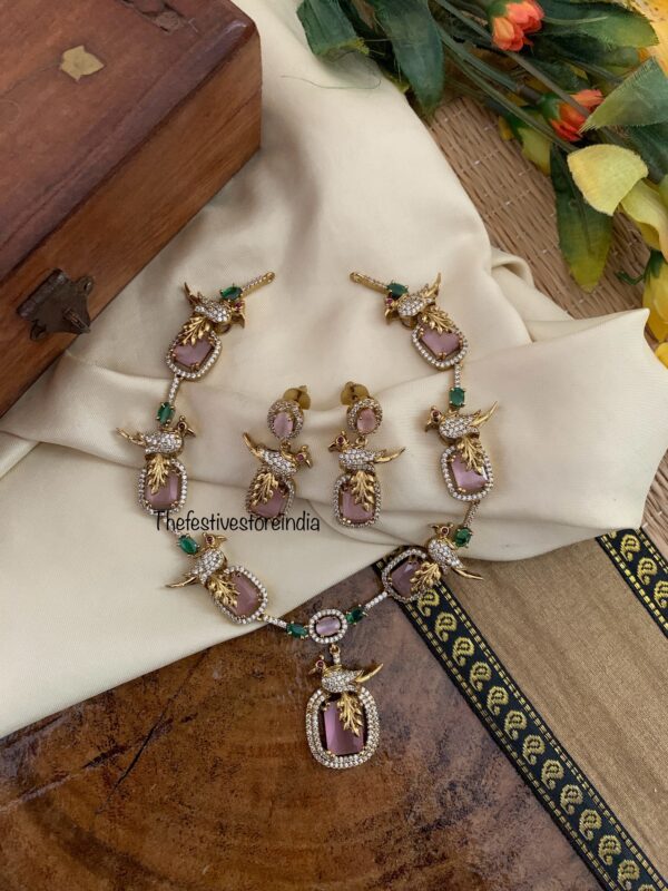 Pink Mint bird Victorian necklace set | Bridal | Necklace | Wedding