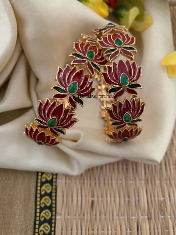 Premium enamel painted Lotus bangles - Set of 2 - RED
