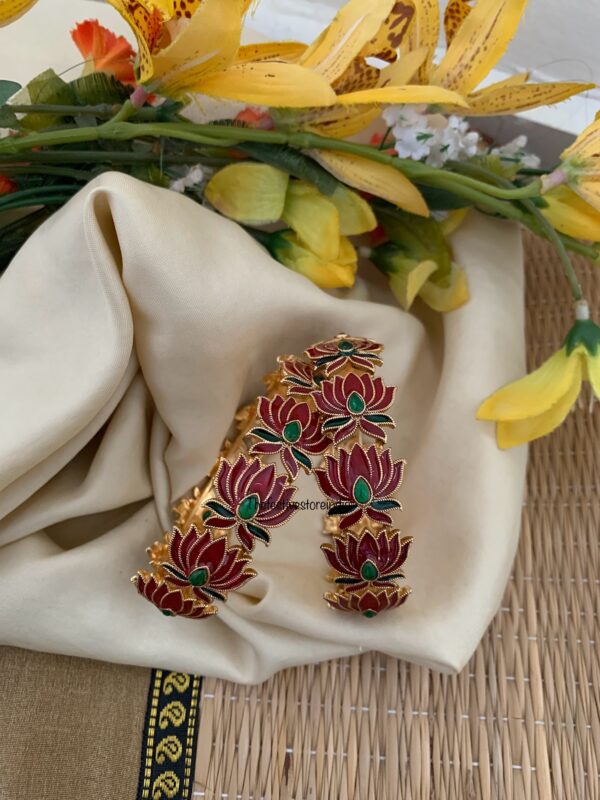 Premium enamel painted Lotus bangles - Set of 2 - RED