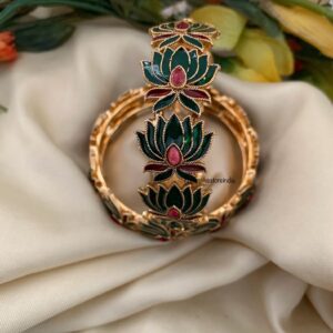 Premium enamel painted Lotus bangles - Set of 2 - GREEN