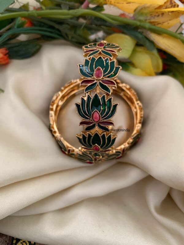 Premium enamel painted Lotus bangles - Set of 2 - GREEN