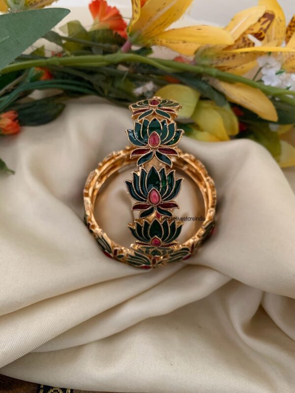 Premium enamel painted Lotus bangles - Set of 2 - GREEN