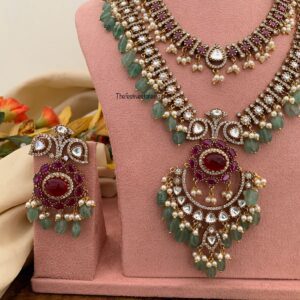 Victorian Moissanite Ruby stone Green beads Bridal set | Non idol