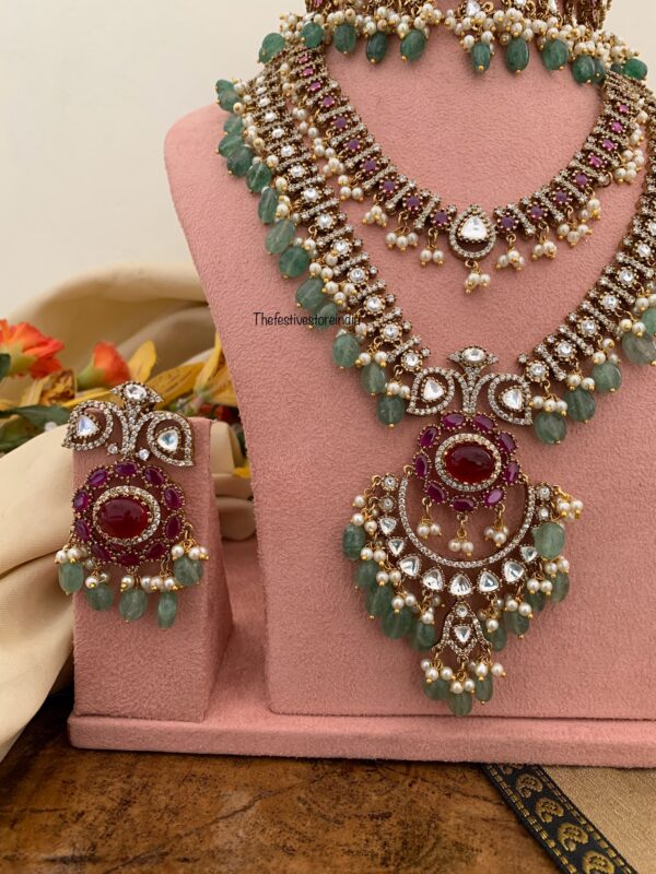 Victorian Moissanite Ruby stone Green beads Bridal set | Non idol