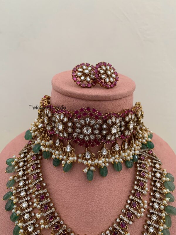 Victorian Moissanite Ruby stone Green beads Bridal set | Non idol