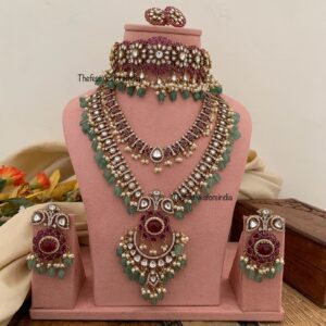 Victorian Moissanite Ruby stone Green beads Bridal set | Non idol