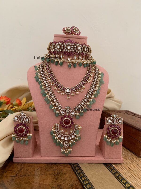 Victorian Moissanite Ruby stone Green beads Bridal set | Non idol