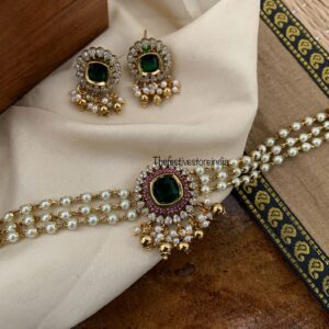 Pearl multi color pendant choker set