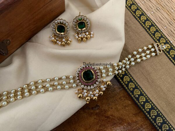 Pearl multi color pendant choker set