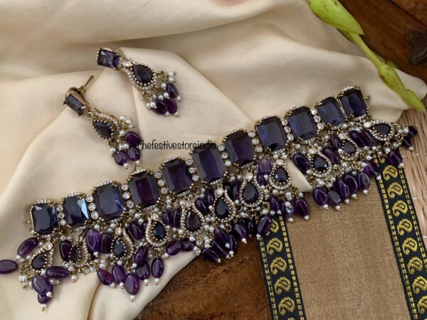 Bridal all stones choker set - Amethyst / Purple