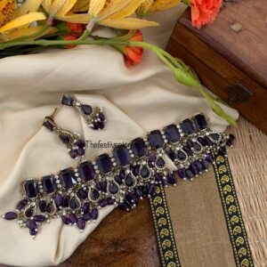 Bridal all stones choker set - Amethyst / Purple