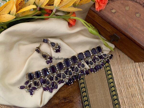 Bridal all stones choker set - Amethyst / Purple